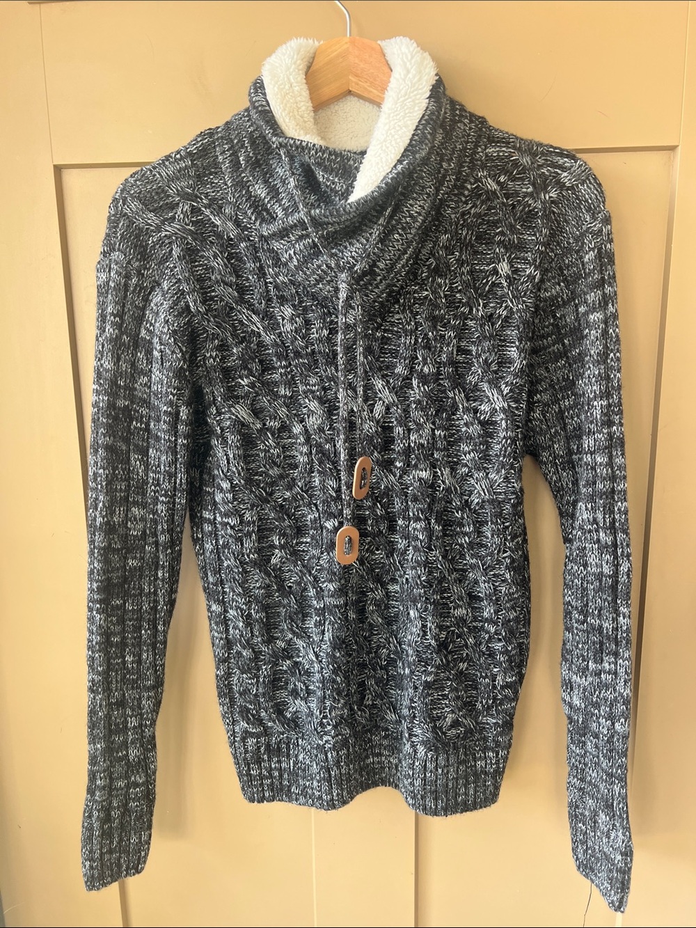 The Slope S Men’s Charcoal Space Dye Shawl Collar Cable Knit Fisherman Sweater
